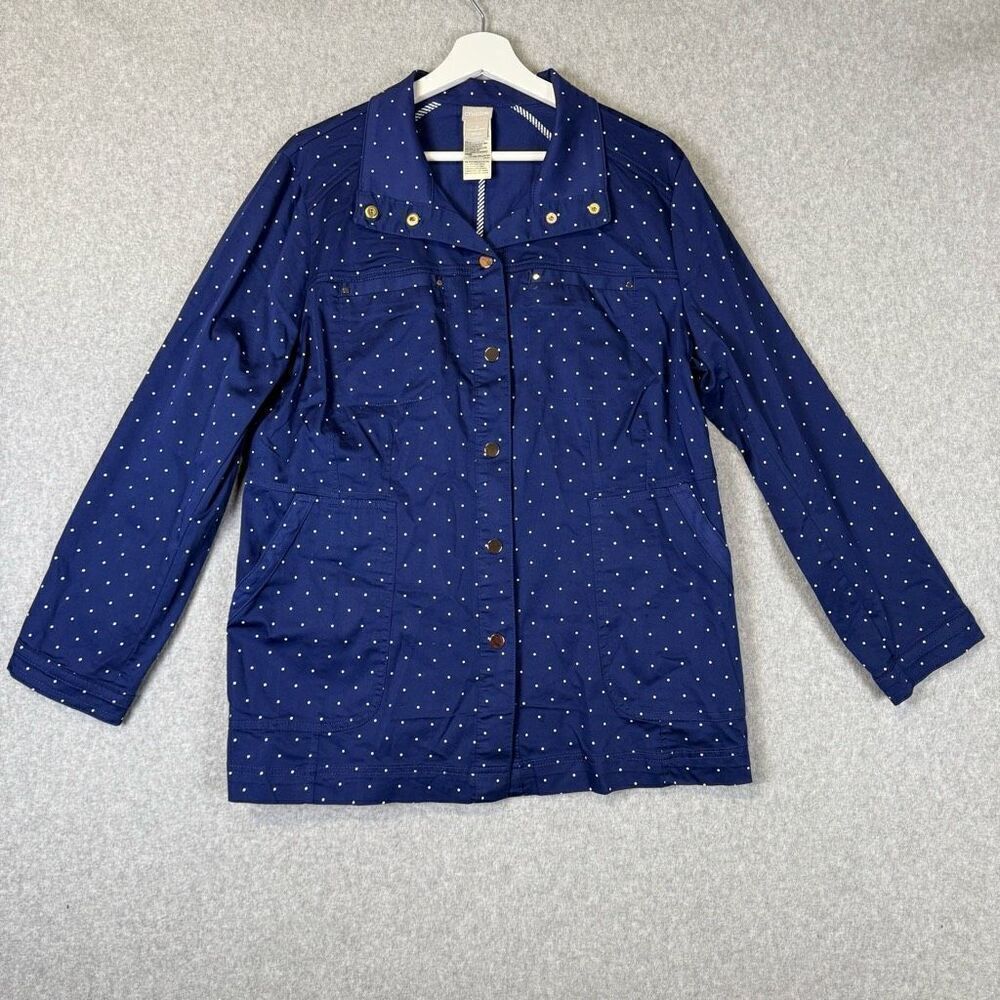 Chicos Womens Size 2 US 12/14 Utility Jacket Button Front Blue White Polka Dot